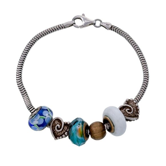Vintage Sterling Silver 925 6 Charm Bracelet with Blue Murano Glass Beads 7.75" - Picture 1 of 6